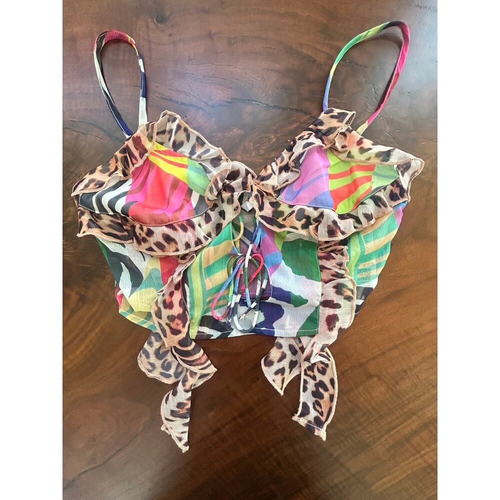 ASYOU Y2K Style Mixed Animal Print Festival Crop Top - Size US 2 - Ruffle Hem